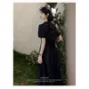 Vestido negro estilo colegial para mujer, talla grande, para chicas con sobrepeso, cintura con lazo, adelgazante, elegante, rejuvenecedor, cintura ceñida, falda larga