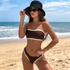 Traje de Banho Texturizado Menina Picante Feminino Europeu e Americano Para Seios Pequenos Sem Alças Blocos de Cor Simples Biquíni Duas Peças