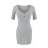Vestido Ajustado Sexy de Verano 2026, Estilo Nuevo, Escote en V Profundo, de Botones, Ajustado al Cuerpo con Efecto Ceñido en la Cintura y Mangas Cortas, Vestido de Moda