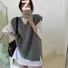 Chaleco de punto coreano ins holgado versátil retro cuello en V estilo perezoso nicho diseño de abertura lateral top para mujer