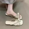 Sandálias Abertas com Laço Retro Francês Chuyuji para Mulheres, Sandálias Slide Versáteis com Strass e Salto Baixo Doce