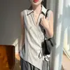 Nuevo Chaleco Cardigan sin Mangas para Mujer Primavera/Verano 2026 de Tencel y Lino con Cuello Polo Bloque de Color Cintura con Cordón de Amarre Top