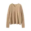 Suéter Feminino de Tricô Cabo de Corpo Inteiro 100% Caxemira Pura Simples Versátil Solto Emagrecedor Decote V Camada Base
