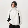 Sudadera de Manga Larga con Bloques de Color Estilo Hong Kong de Moda para Hombre con Costuras de Color Contrastante Sudadera de Botones de Cuello Semi-Alto Holgada Retro Americana Exportación