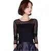 Primavera e Outono Novo slim fit plus size gola redonda camisa de renda de malha camisa de manga comprida T-shirt feminina all-match top de uso externo