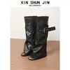 Botas de pantalón desmontables de caña alta para mujer, piel desgastada con hebilla de cinturón, tacón grueso, botas largas vintage por encima de la rodilla