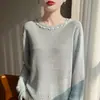 Suéter de Punto Hueco con Perlas de Alto Diseño Estilo Francés para Mujer, Suéter Pulóver Azul Claro, Cuello Redondo, Top Básico Holgado