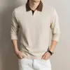 Camisa polo de algodão com trama canelada e gola de gaivota para homens, nova coleção outono 2026, cor sólida, respirável, casual, manga longa para homens