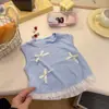 Colete de Verão para Meninas Bebê Estiloso Personalidade Infantil Tendência Marca Estilo Coreano Doce Renda Laço Sem Manga Modal