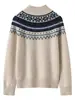 Suéter Jacquard Fair Isle 100% Caxemira Pura para Mulheres, Gola Alta Meia-Estação de Tricô Solto, Estilo Casual Vintage