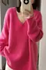 Suéter de punto grueso estilo coreano para mujer, cuello en V rosa, nueva camiseta básica otoño/invierno 2026, hombros caídos, holgado, casual y a la moda