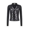 Unbdns Sexy Falso Dos Piezas Cuadros Corbata Delgado Plisado Camisa Polo Cuello en V Ropa Exterior Camiseta Interior de Manga Larga para Mujer Otoño