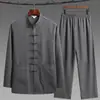 Traje Estilo Chinês Tang para Homens, Meia-Idade e Idosos, Conjunto de Manga Longa, Bordado em Seda Gelada para Primavera e Outono, Roupa de Pai, Conjunto de Duas Peças Hanfu de Vovô