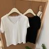 2025 Primavera y Verano Nuevo Estilo Coreano Encaje Costuras Encaje Cuello en V Manga Corta Camiseta para Mujer Holgada Combinable Top