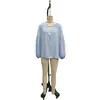Top plissado azul névoa transfronteiriço europeu e americano 2026, gola redonda, gola V, mangas sino, camisa feminina solta estilo férias