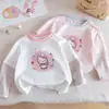 Camiseta de Manga Larga para Niña, Estilo Primavera y Otoño, Estampado de Dibujos Animados Estilo Coreano, Camiseta Interior de Color Contrastante, Lindo Conjunto de Primavera Falso de Dos Piezas para Bebés Niñas