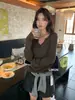 Suéter de Punto de Manga Larga con Cuello en V y Botones, Estilo Coreano, Ajuste Sencillo y Relajado, Adelgazante, Color Verde Limón, Té Verde, Otoño 2026, para Mujer