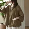 Nova Camisa Cardigan Longa de Algodão e Linho Casual Top Solto Primavera e Outono Novo Retrô Literário Feminino