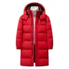 Jaqueta Longa de Penas para Esportes de Inverno para Homens e Mulheres com Fleece Adicional e Espessura, Com Capuz, Proteção Contra Frio ao Ar Livre, Abaixo do Joelho, Uniforme Escolar, Compra em Grupo, Impressão de Logotipo Personalizado