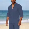 Nova Camisa de Linho Masculina de Manga Longa, Camisa Casual de Praia com Caimento Solto e Colarinho, Camisa Lisa de Manga Longa