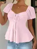 Nova T-shirt de Verão 2026 Amazon Tume Estilo Europeu e Americano Decote V Cordão Sexy Manga Curta Cor Sólida para Mulheres