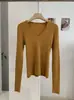Top de punto KEKEZOON de corte ajustado con cuello en V, capa base versátil de color liso para otoño, elegante camisa de manga larga 9152