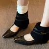 Botines Cortos Cuadrados Retro Franceses Borde Enrollado para Mujer 2026 Otoño Nuevo Estilo Aumento de Altura Interior Hebilla de Cuero Tejido Moda para Viajar Botas Individuales