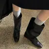 Versión de cuero~Botas vaqueras western vintage con aumento interno de altura, punta cuadrada, tacón apilado, caña ancha, botas de media pantorrilla adelgazantes, botas de montar para mujer