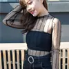 Nuevo Estilo Interior Sexy Malla Hueca Transparente Manga Larga Malla Camiseta Base Top Camisa de Encaje