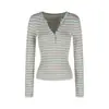 Camiseta de Manga Larga Fina con Cuello en V y Diseño de Rayas para Mujer a Principios de Otoño con un Top Único y Hermoso que Adelgaza