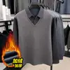 Camisa Polo de Manga Larga Gruesa con Forro Polar Falso de Dos Piezas para Hombre Otoño-Invierno Cuello Campana Pulóver Casual de Negocios Capa Base de Moda