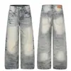 G60012 Rua Principal Estilo Americano Unissex Tendência Lavado Padrão Bigode de Gato Raio Jeans Largo Solto Masculino