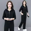 Moletom com Capuz e Zíper de Algodão de Alta Qualidade, Conjunto Esportivo Casual da Moda para Mulheres, Conjunto de Duas Peças para Primavera e Outono para Mães de Meia-Idade