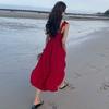 Vestido Rojo con un Estilo Vintage Hepburn, Diseño de Hada, Correa Única de Lazo, Adecuado para Sesiones de Fotos y Vacaciones, en un Color Rojo Vino