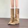 Botas western de cowboy pontudas com fivela inspiradas em vintage para mulheres, outono e inverno de 2026, botas longas de salto bloco emagrecedoras de perna larga mais vendidas