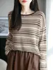 Suéter de Punto de Imitación Lana Rayado Retro de Color Contrastante de Manga Larga para Mujer Otoño e Invierno Nuevo Cuello Redondo Aspecto Rejuvenecedor Adelgazante Top Elegante