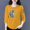 E-commerce Transfronteiriço Comércio Exterior Estilo Mãe Mulheres de Meia-Idade Camiseta de Manga Três Quartos Solta Casual Versátil Camiseta Básica Top