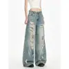 Jeans rasgados de estilo high street americano para mulheres, novo design de primavera e outono plus size, calças de perna larga soltas e modeladoras, estilosas