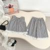 Traje de Verano Nuevo Estilo para Niña, Top sin Mangas de Encaje a Cuadros Moderno para Niña + Pantalón de Pierna Ancha Conjunto de Dos Piezas
