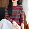 Suéter de Punto a Rayas Retro Color Block para Mujer Cuello Redondo Manga Larga Holgado Suéter Otoño Invierno Versátil Casual Top Básico