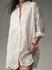 Camisa Top Plus Size Bordada Vazada Cor Sólida Gola Camisa Solta Primavera Europeia e Americana Transfronteiriça Amazon para Mulheres