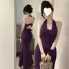 Desejo Puro Sexy Roxo Alça de Pescoço Halter Vestido Feminino Sem Costas Vestido Madrasta Ajustado Envolvimento de Quadril Vestido Longo