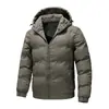 Ropa exterior de invierno de alta gama transfronteriza para hombre: chaqueta de plumón con capucha, a prueba de viento, cuello alto, abrigo de algodón cálido, diseño moderno de color block