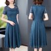 Vestido de Encaje para Mujer Tallas Grandes Verano 2026 para Chicas Gorditas, de Manga Corta, Longitud Media, Oculta el Vientre, Adelgazante, Corte A, Estilo Ins