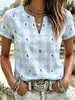 Top estampado de manga corta con cuello en V transfronterizo 2026 nuevo estilo de verano europeo y americano, imitación lino, holgado, casual, disponible para dropshipping