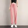 Calça Casual Fina de Seda Gelada de Verão com Cordão e Bolso Nova Chegada Feminina Calça de Pernas Finas Versátil Calça Esportiva Casual Feminina Calça Transfronteiriça