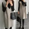 Vestido colete de lã de duas peças outono e inverno Novo estilo coreano casual solto comprimento médio manga longa conjunto de saia colete
