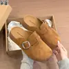 Mules femininas Birkenstock-style de couro genuíno com sola grossa e sem calcanhar, sapatos casuais para calçar e tirar facilmente para o trajeto diário.