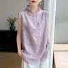 Novo Colete Sem Mangas Estilo Chinês com Gola Alta e Botões de Pérola para Mulheres, Verão Leve de Luxo de Alta Qualidade Soltinho Elegante Camisa Camiseta Top