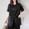 Foto Real da Nova Tendência da Moda Camisa de Gola Redonda Costurada com Organza Tamanho Grande Emagrecedora e Estilo Ocidental Top Solto para Mulheres